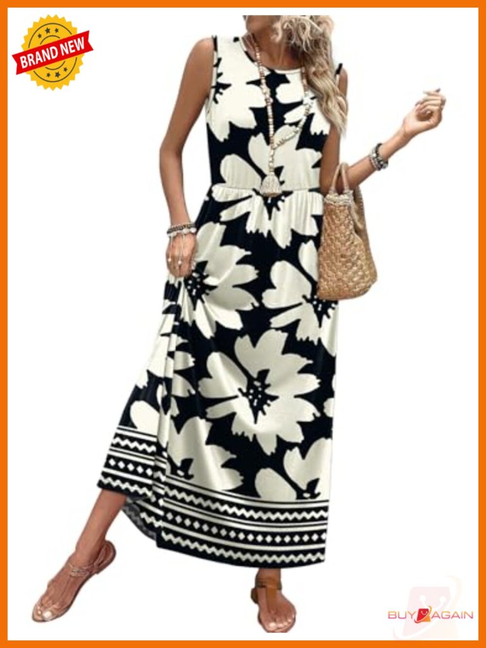 Women's Sleeveless Maxi Sundress A-Line Flowy Beach Dress with Pockets